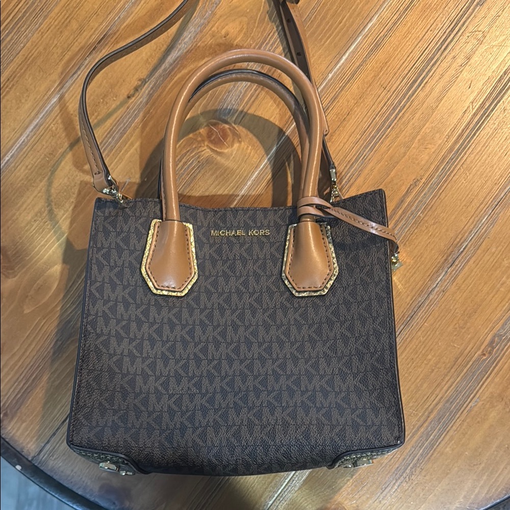 Michael Kors Brown and Tan Satchel with Structured Shape and Textured Fabric